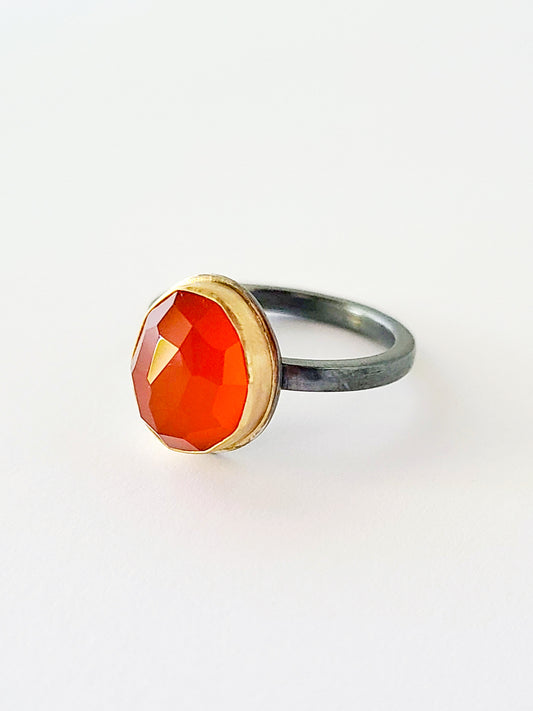 Black & Gold Carnelian Ring-Size 7.75 US-SS/14K