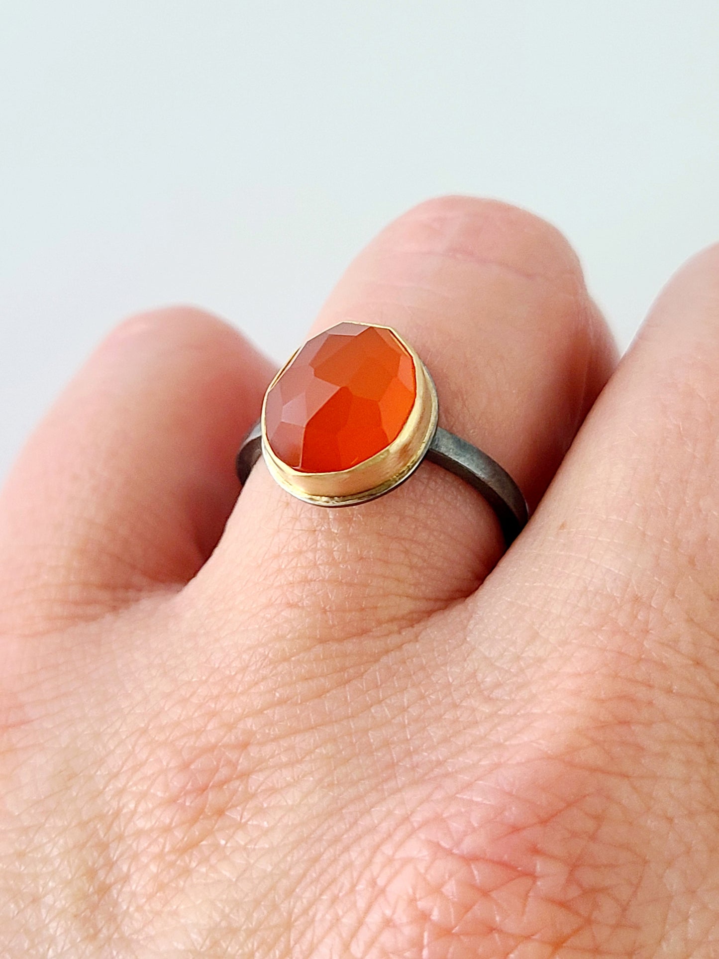 Black & Gold Carnelian Ring-Size 7.75 US-SS/14K