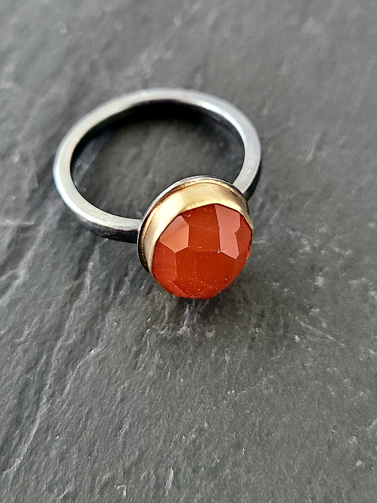 Black & Gold Carnelian Ring-Size 7.75 US-SS/14K