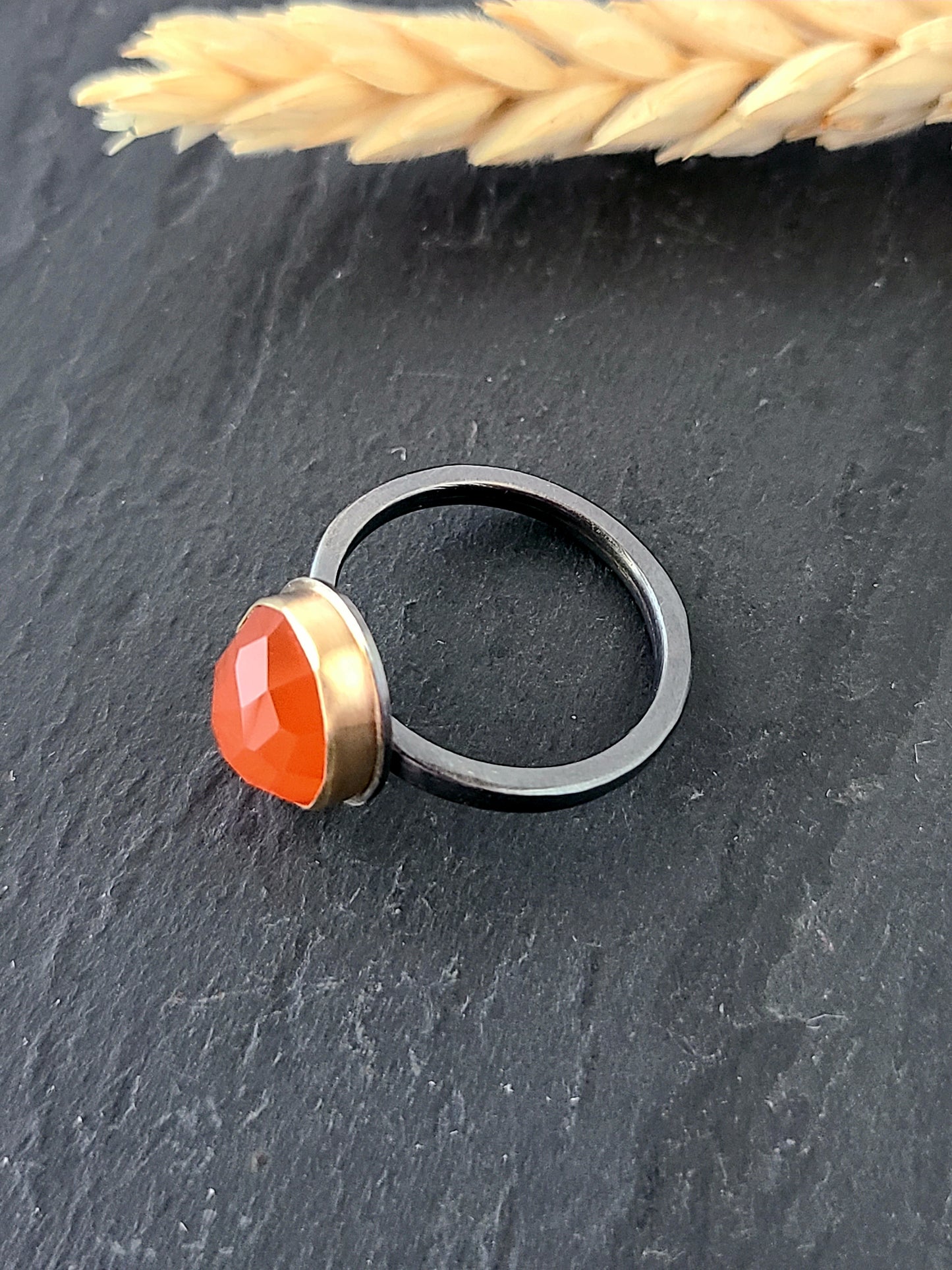 Black & Gold Carnelian Ring-Size 7.75 US-SS/14K