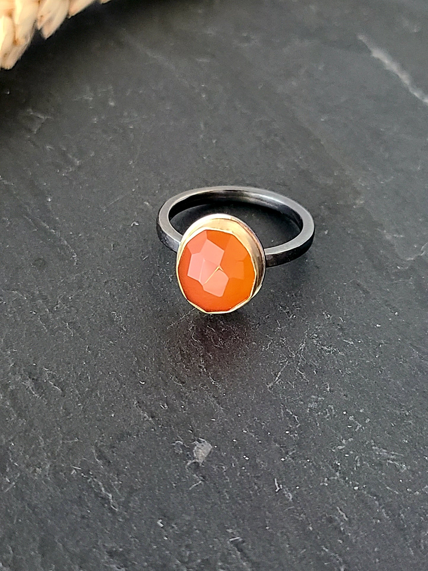 Black & Gold Carnelian Ring-Size 7.75 US-SS/14K