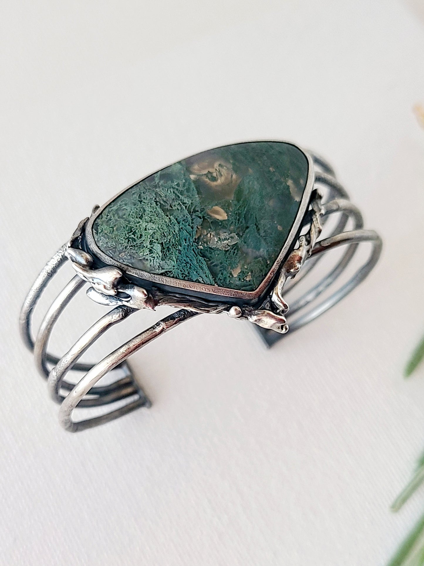 Tangled Bryophyte Statement Cuff with Moss Agate