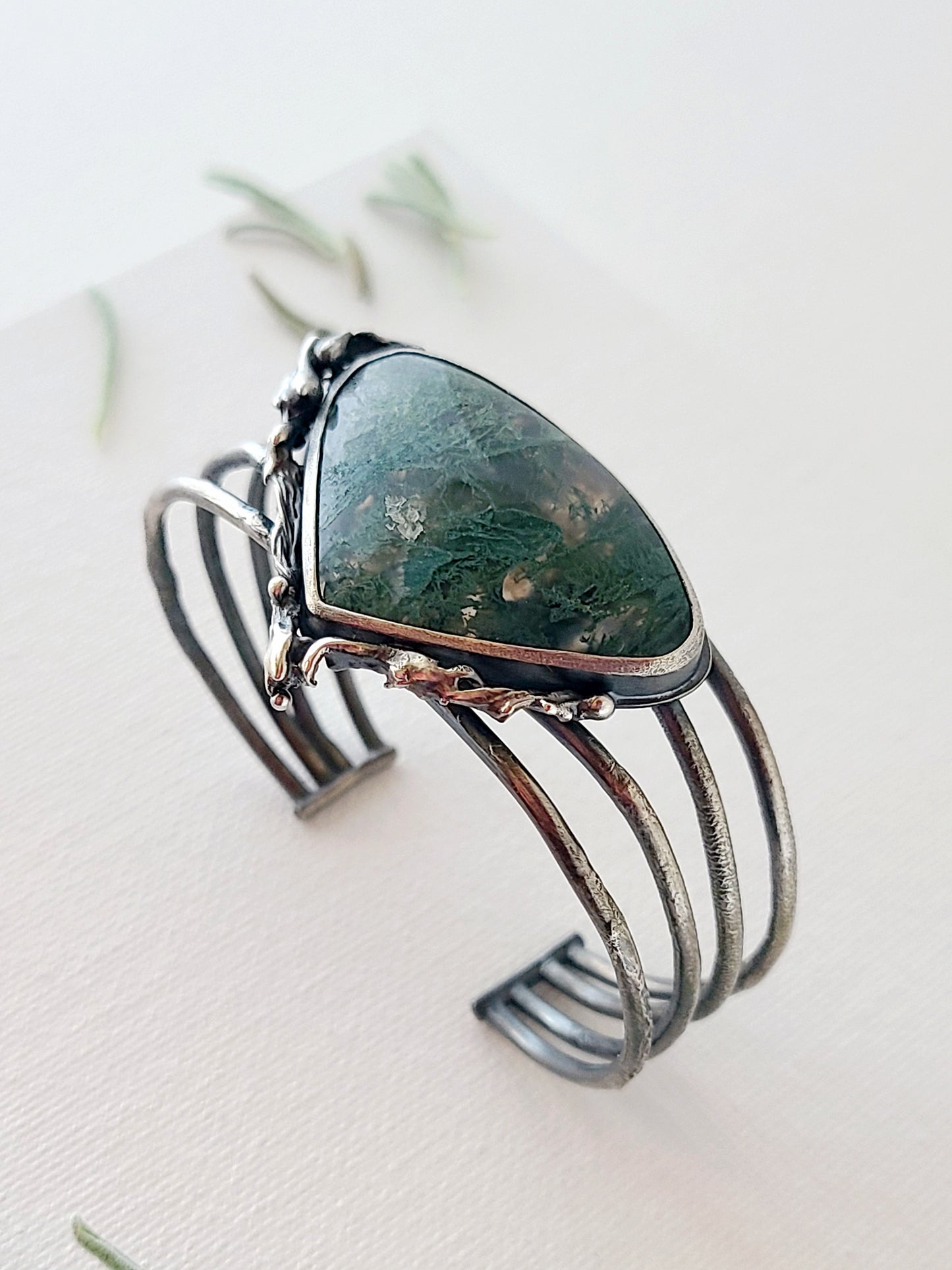 Tangled Bryophyte Statement Cuff with Moss Agate