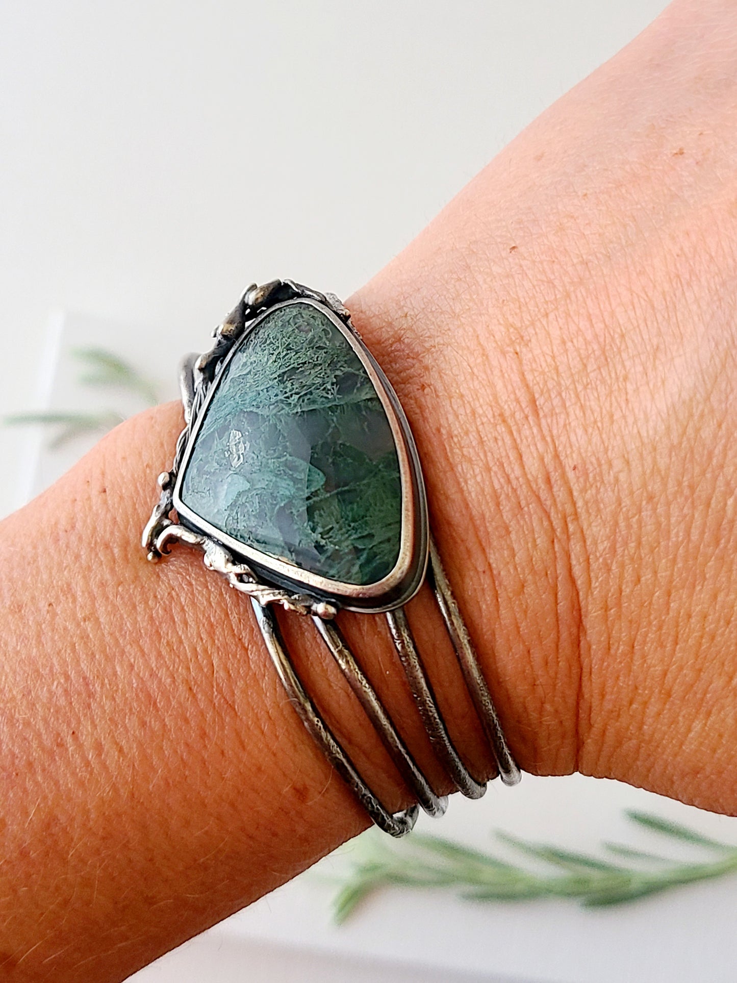 Tangled Bryophyte Statement Cuff with Moss Agate