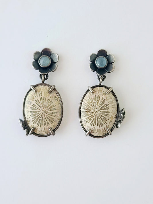 Flourish and Flower Post Earrings with Aquamarine