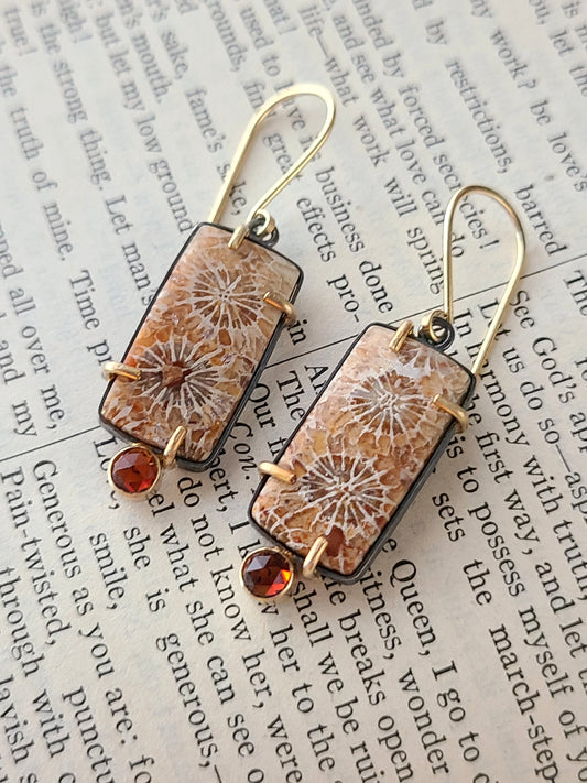 Fossilized Coral & Garnet earrings