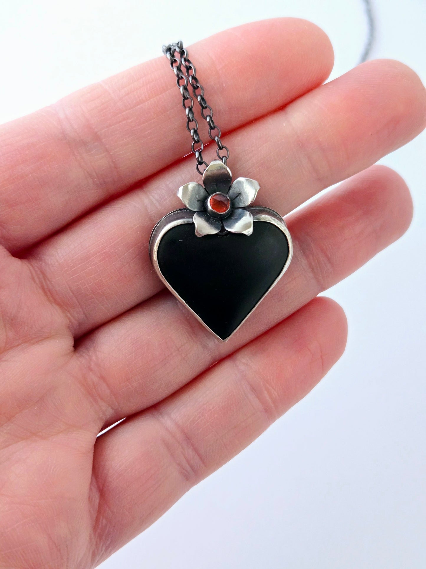 Black Jade and Garnet Heart Pendant