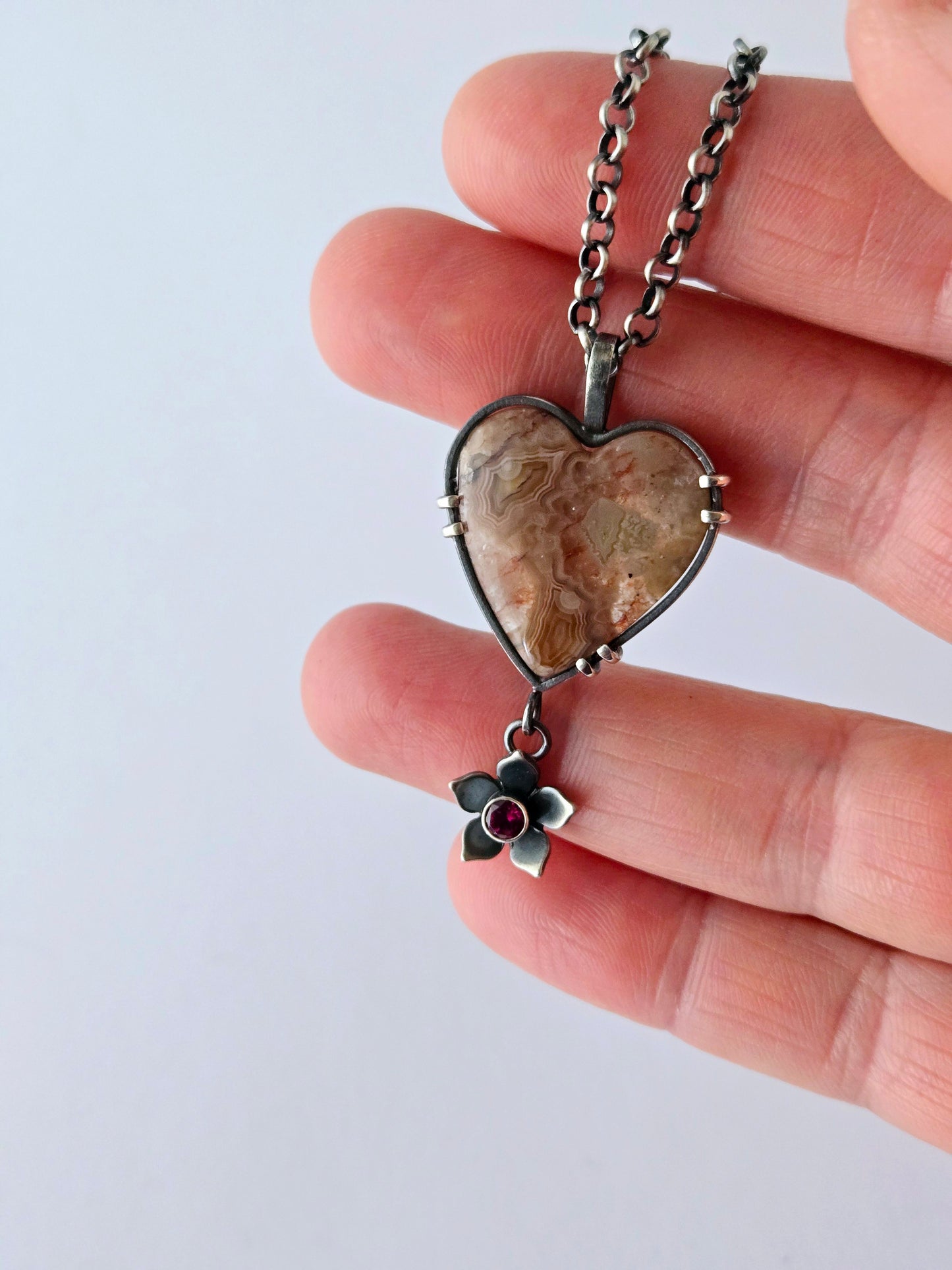 Pink Crazy Lace & garnet Heart Pendant