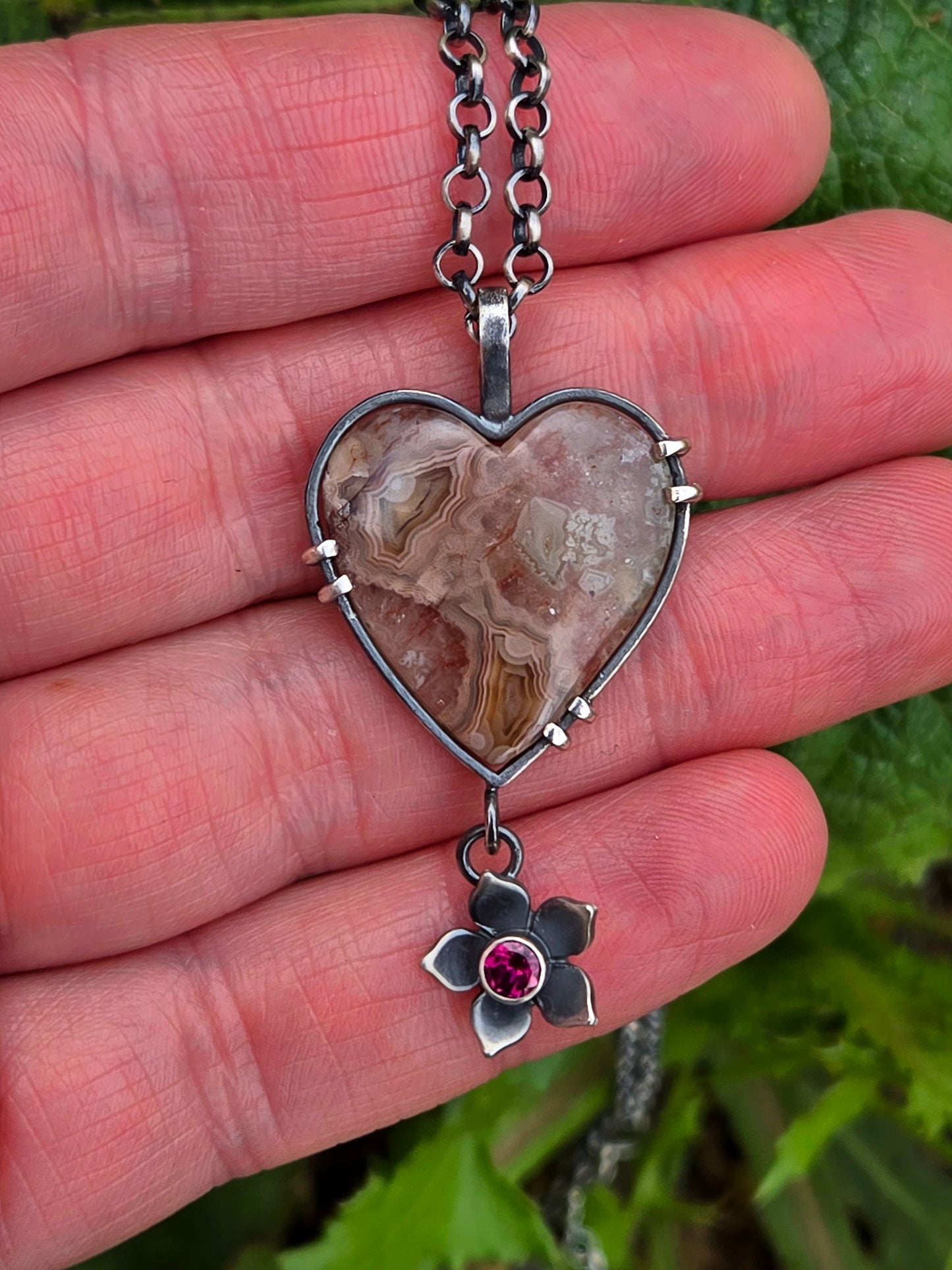 Pink Crazy Lace & garnet Heart Pendant