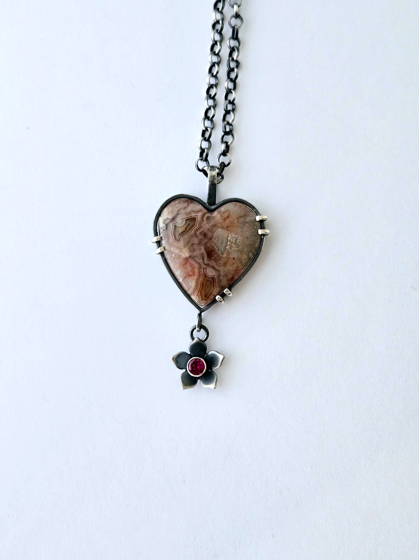 Pink Crazy Lace & garnet Heart Pendant