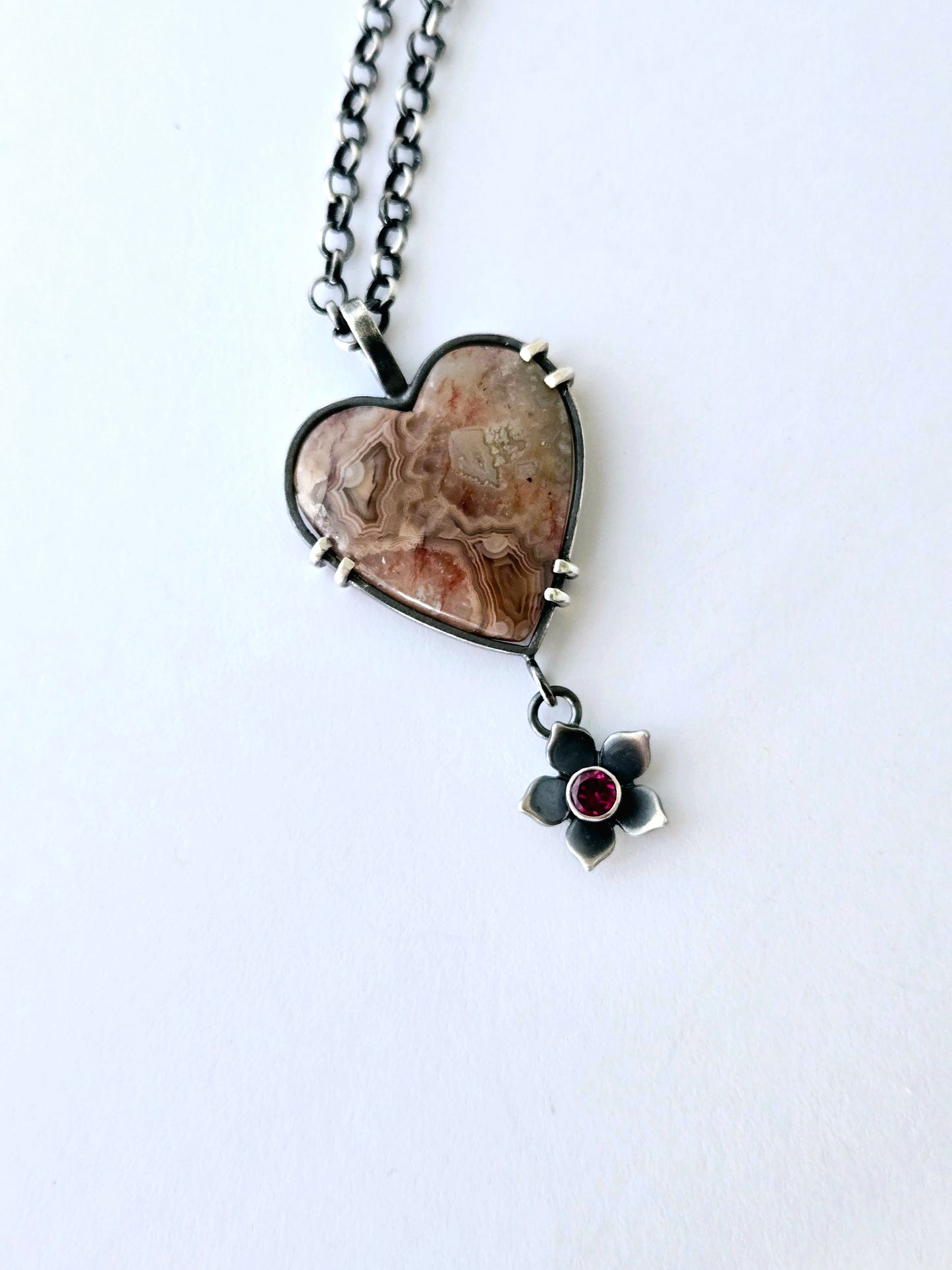 Pink Crazy Lace & garnet Heart Pendant