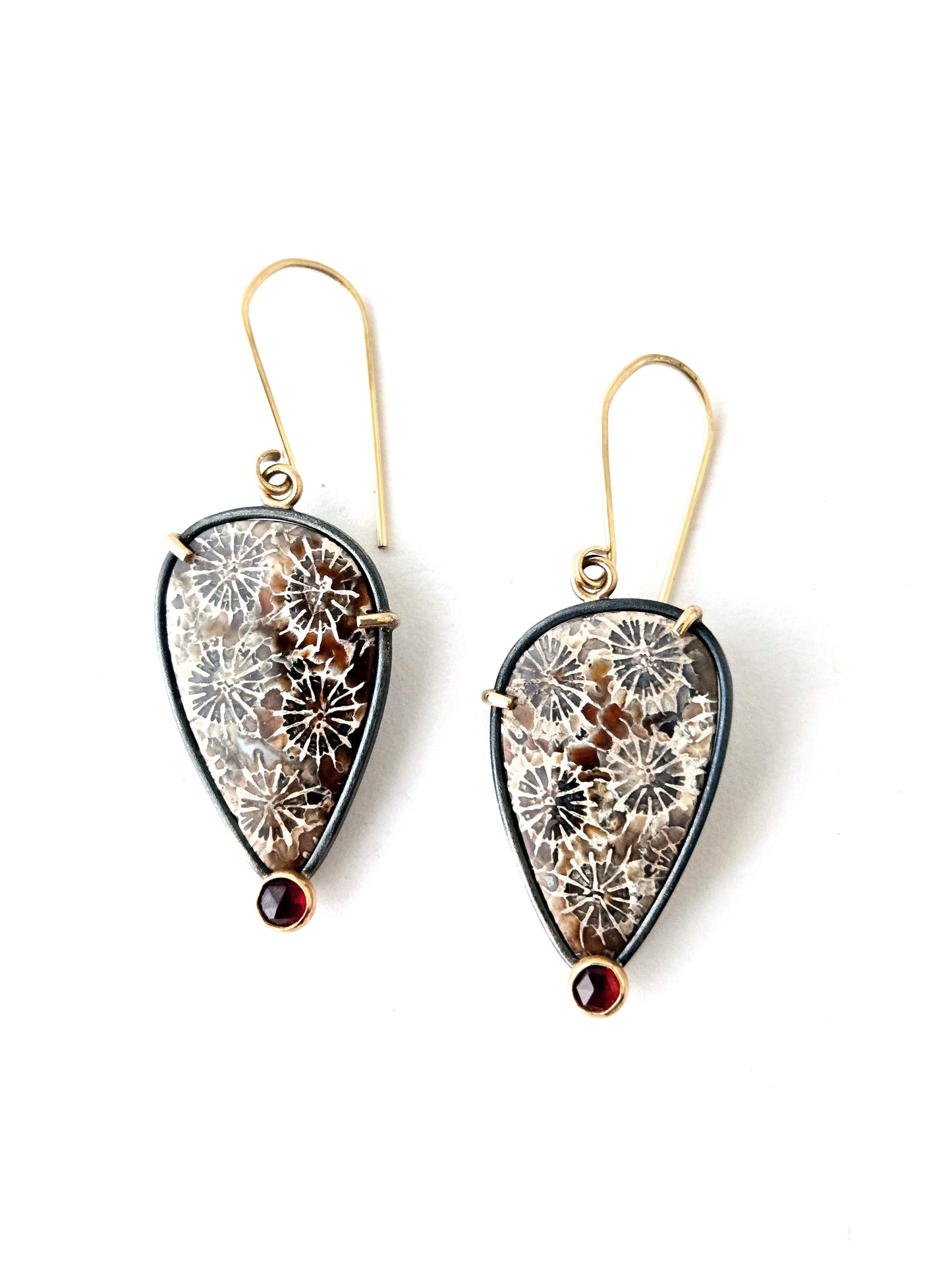 Fossilized coral and Garnet earrings-SS/14K