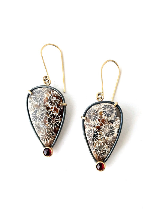 Fossilized coral and Garnet earrings-SS/14K