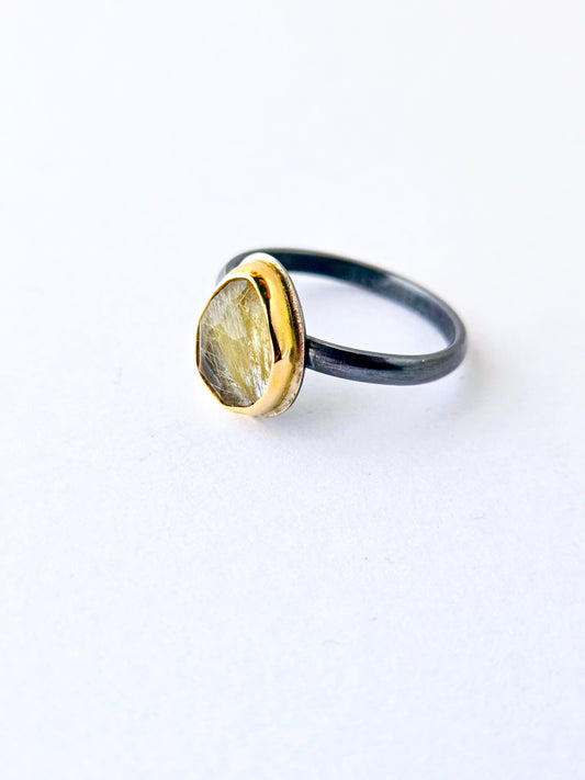 Golden Rutilated Quartz Ring-SS/14K: Size 7.75 US