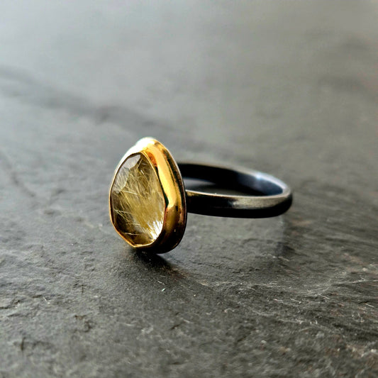 Golden Rutilated Quartz Ring-SS/14K: Size 7.75 US