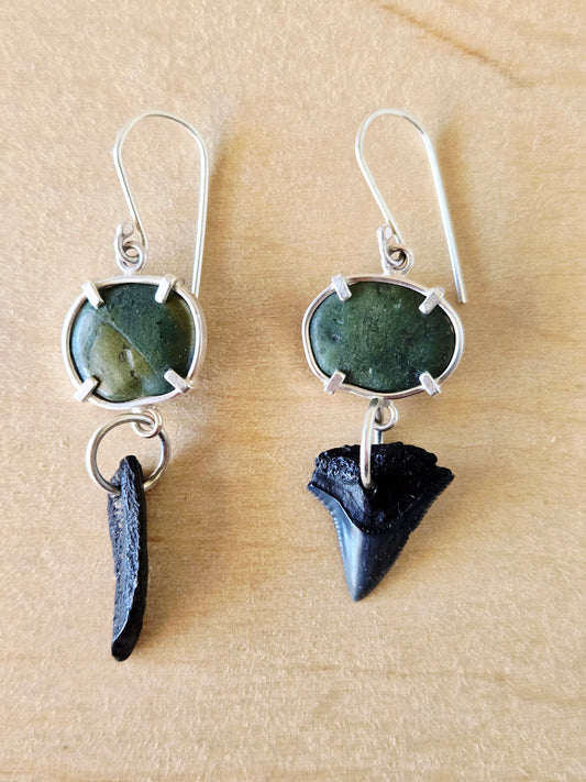 Mismatched Green Beach Stone & Fossil earrings