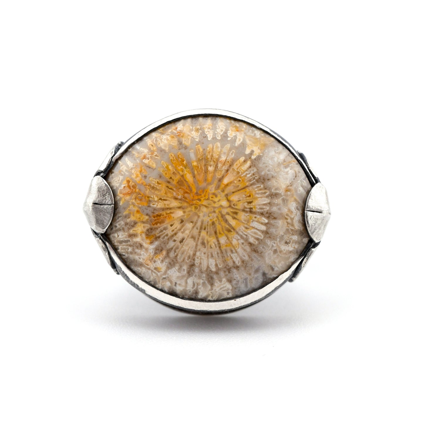 Eye-shaped silver ring with a natural stone design on a white background