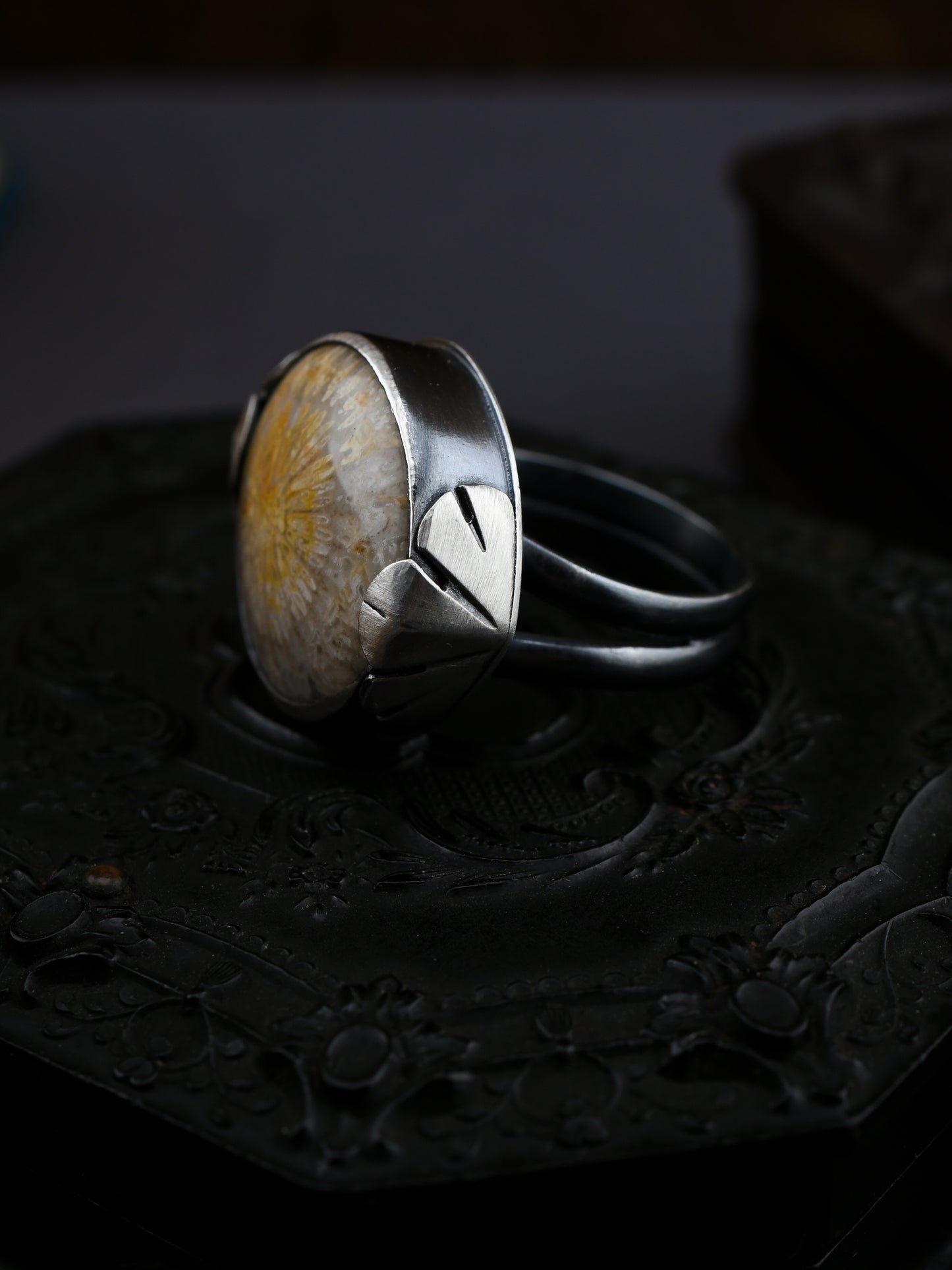 Silver ring with a fossilized coral on a dark surface