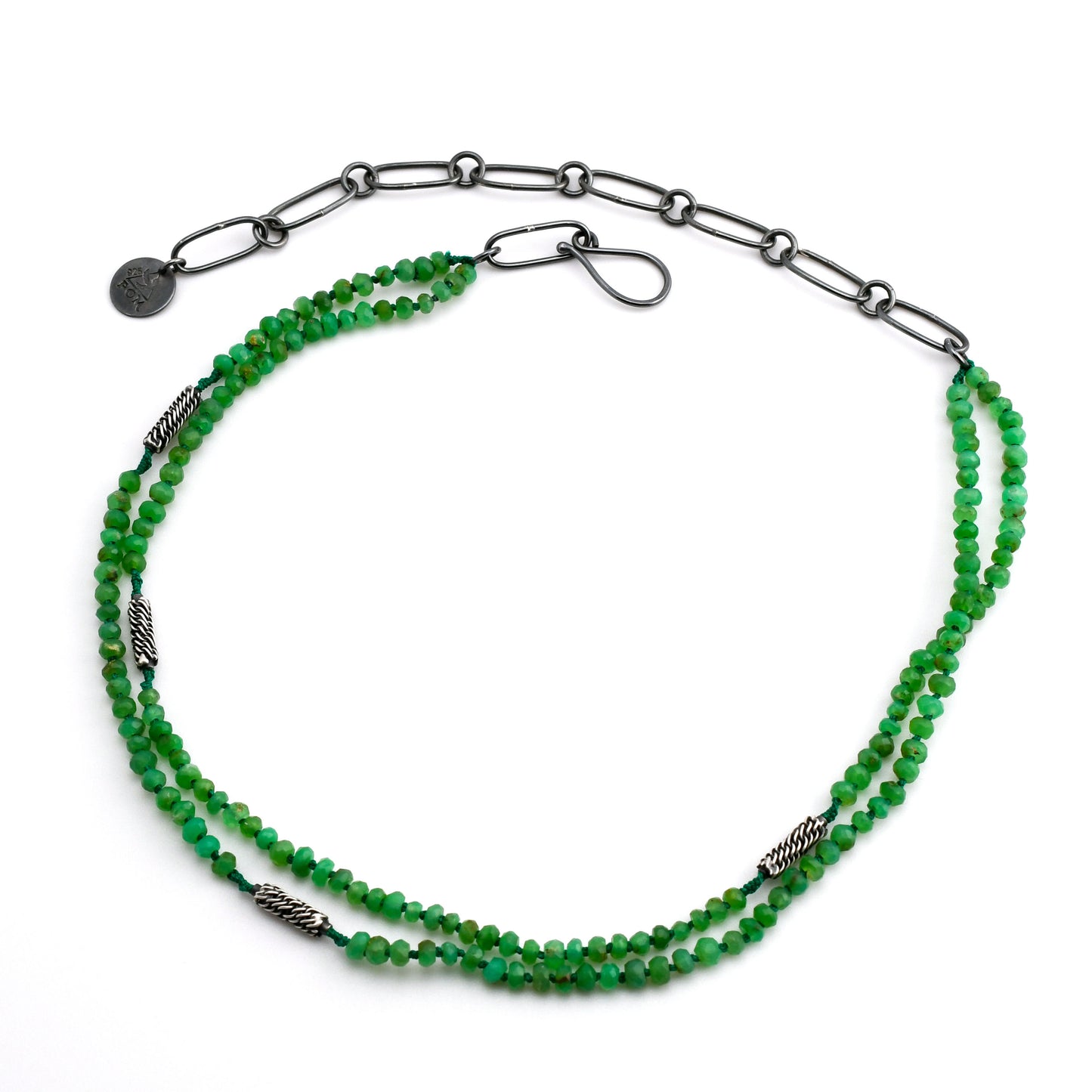 Green Chrysoprase double strand necklace with woven silver bead details and black silver chain on a white background