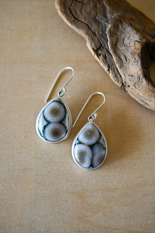 Ocean Jasper Teardrop Earrings: Green and White