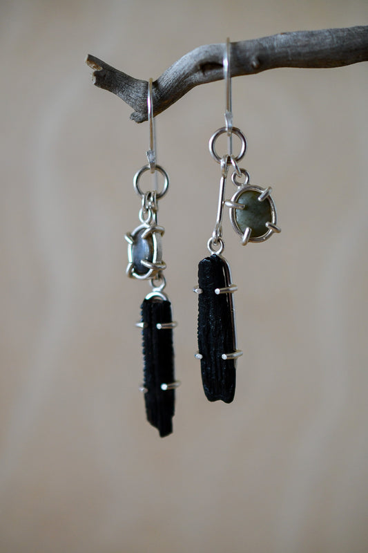 Beach Stone and Fossil Earrings: Gray and Black