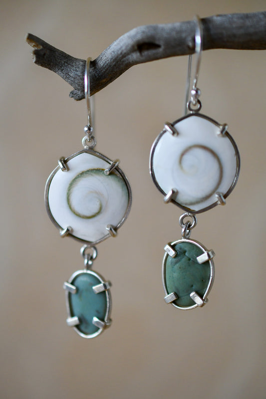 Spiral Shell Earrings with Blue Beach Stones: Wide Marquis