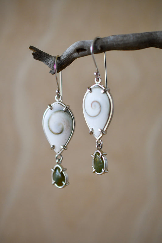 Spiral Shell Earrings with Green Beach Stones: Skinny Marquis