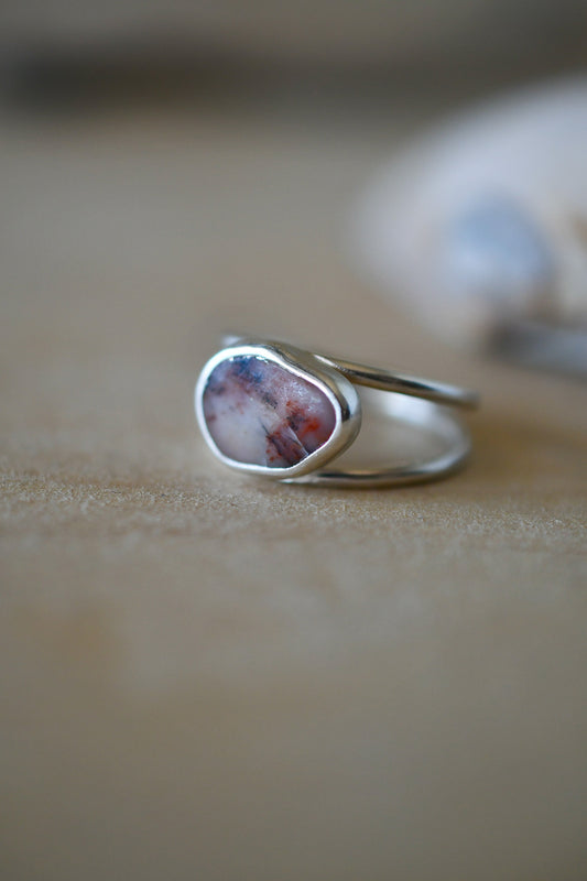 Pink & White Beach Stone Ring: Size 9-9.25 US