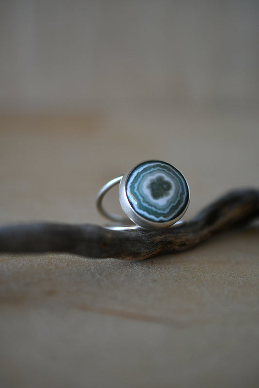Round Green & White Ocean Jasper Ring: Size 8 US
