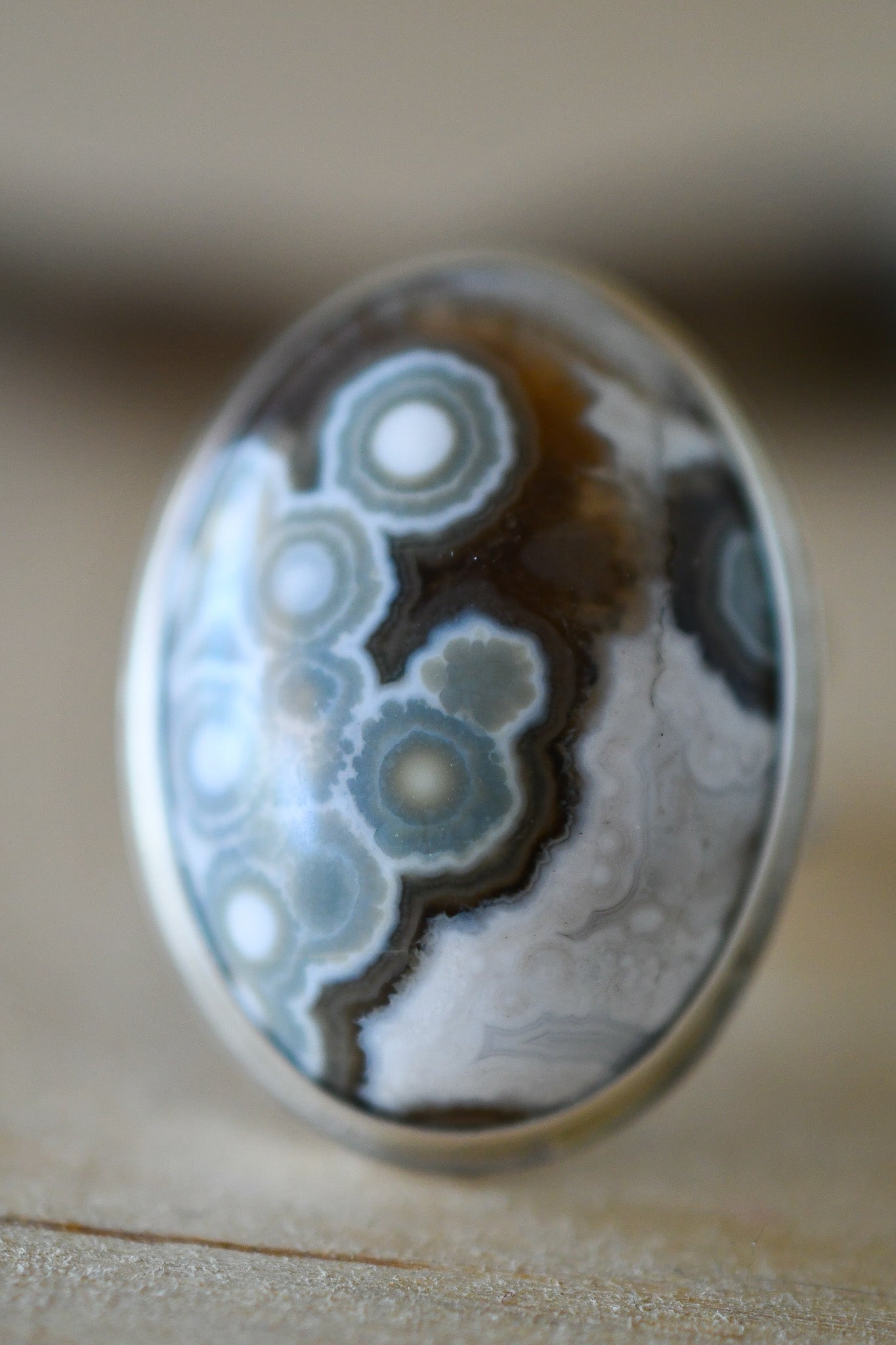 Oval Brown & White Ocean Jasper Ring: Size 8 US