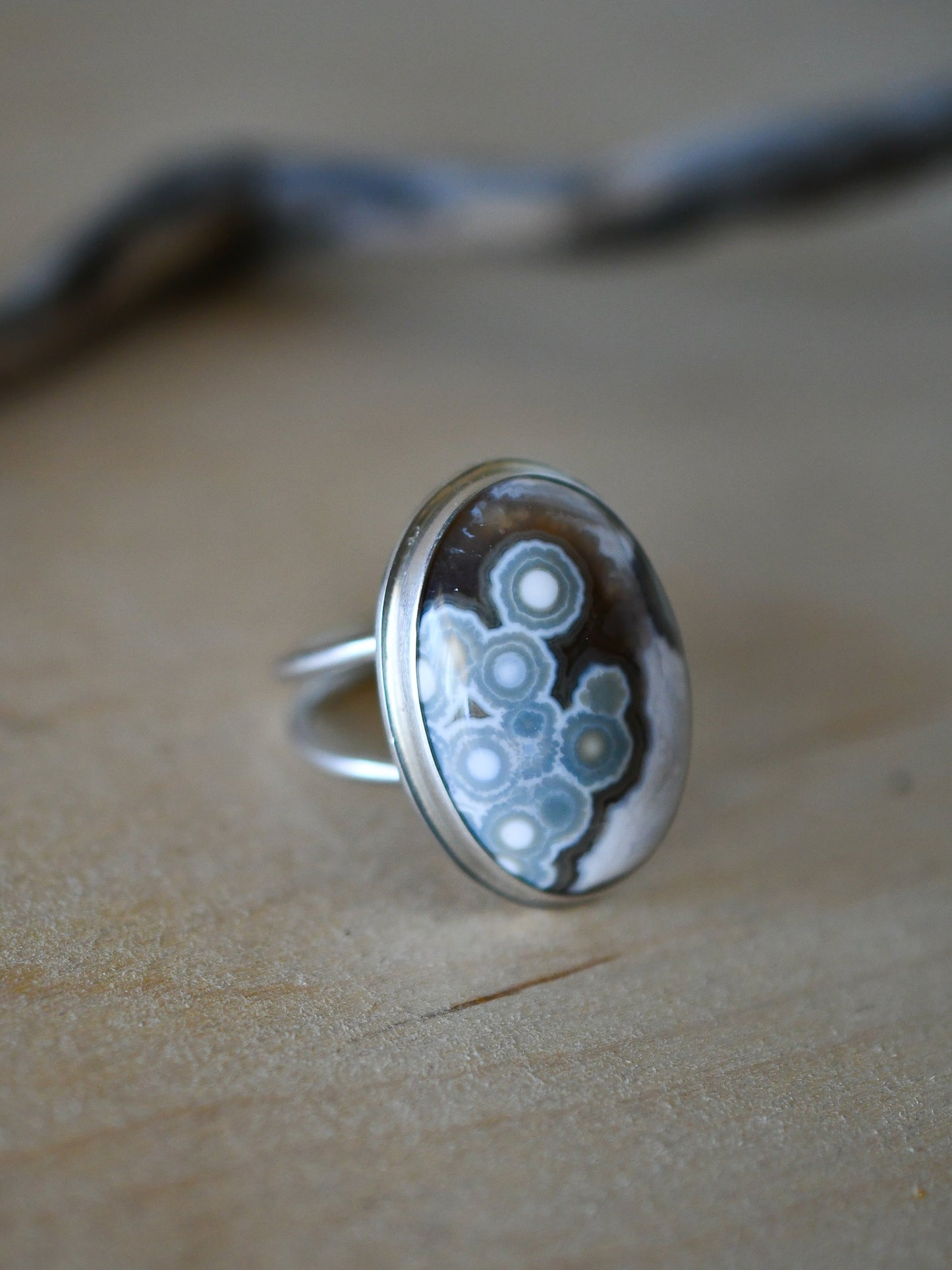 Oval Brown & White Ocean Jasper Ring: Size 8 US