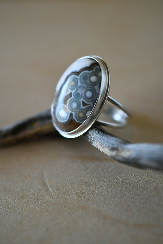 Oval Brown & White Ocean Jasper Ring: Size 8 US