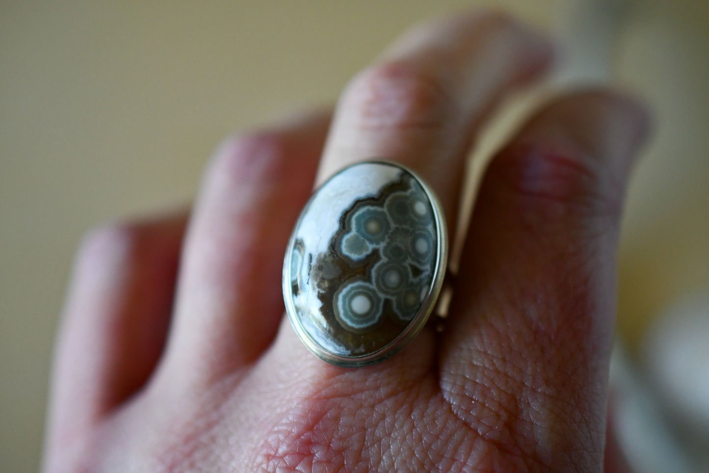 Oval Brown & White Ocean Jasper Ring: Size 8 US