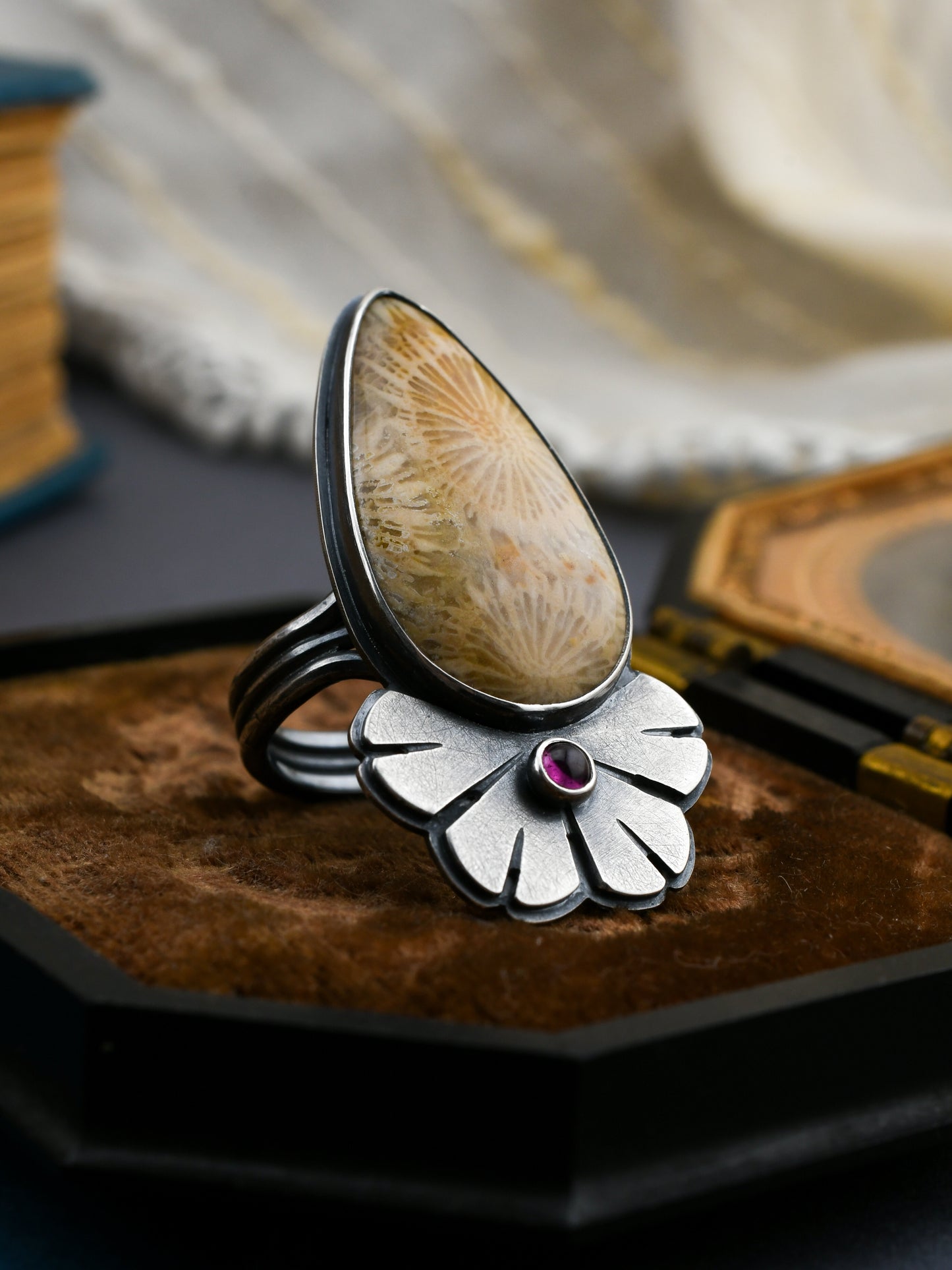 Helios Ring with Fossilized Coral and Garnet-size 6.5 US