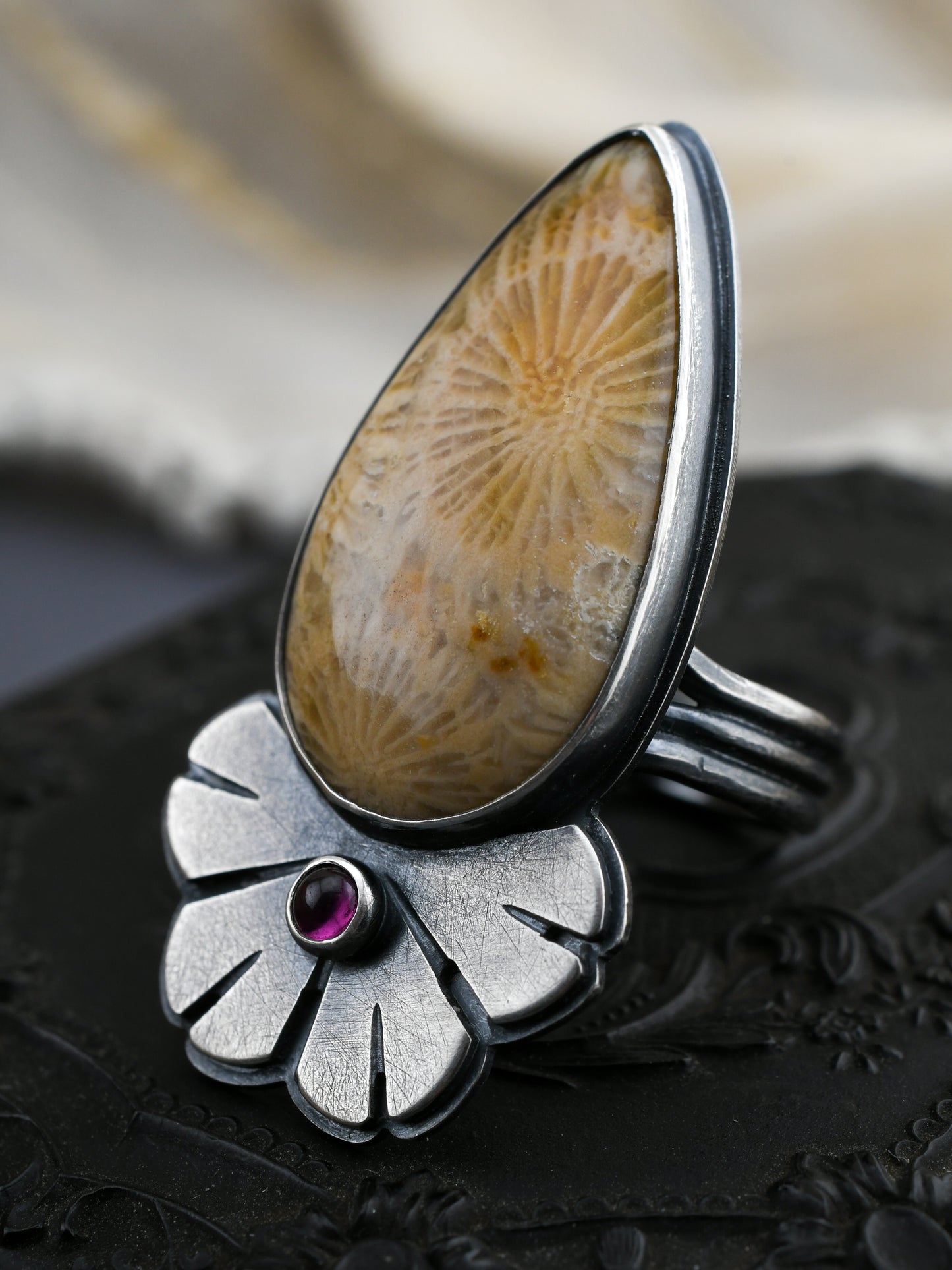 Helios Ring with Fossilized Coral and Garnet-size 6.5 US
