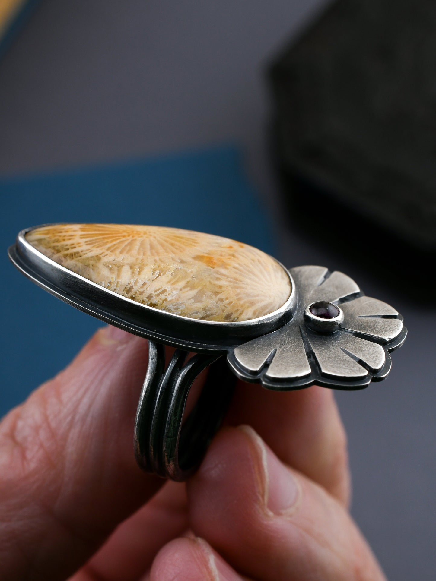 Helios Ring with Fossilized Coral and Garnet-size 6.5 US