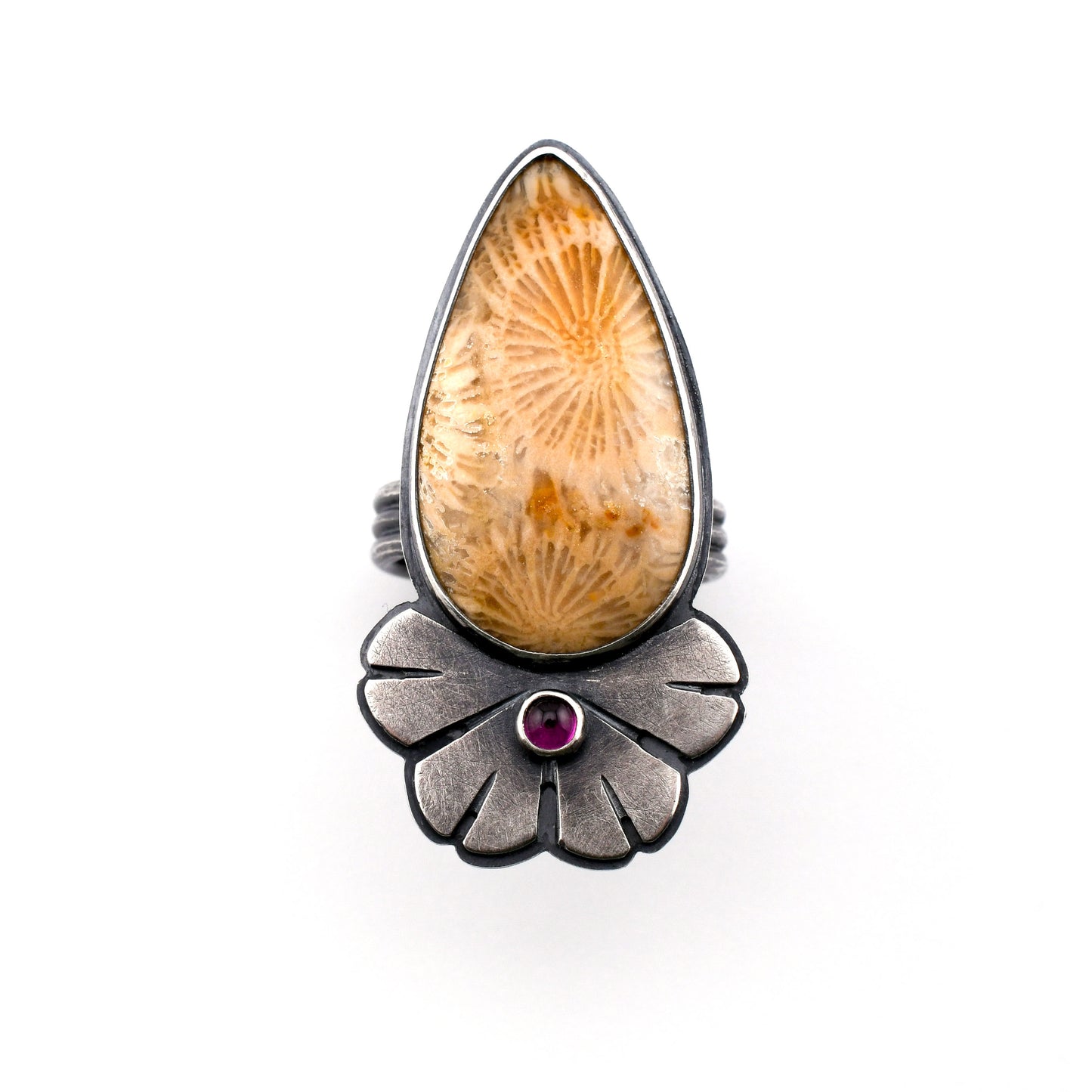 Helios Ring with Fossilized Coral and Garnet-size 6.5 US