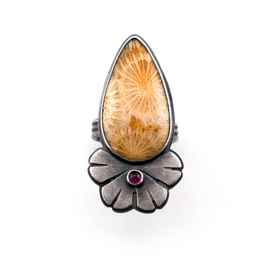 Helios Ring with Fossilized Coral and Garnet-size 6.5 US