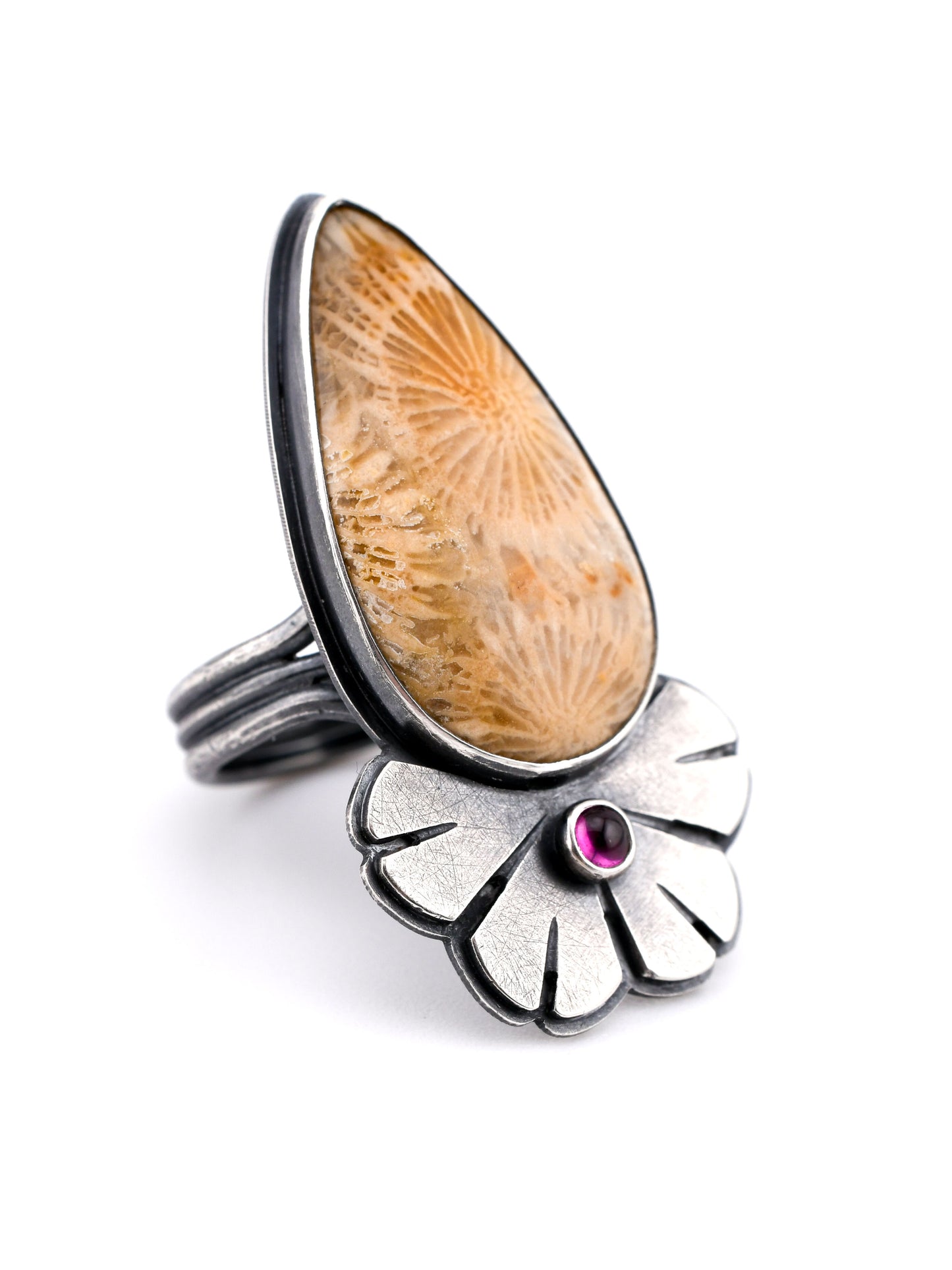 Helios Ring with Fossilized Coral and Garnet-size 6.5 US