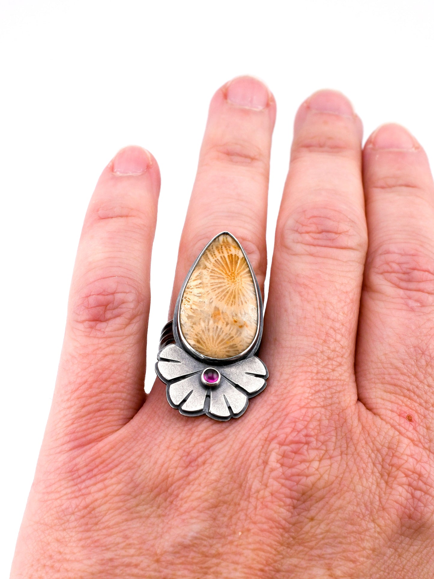 Helios Ring with Fossilized Coral and Garnet-size 6.5 US