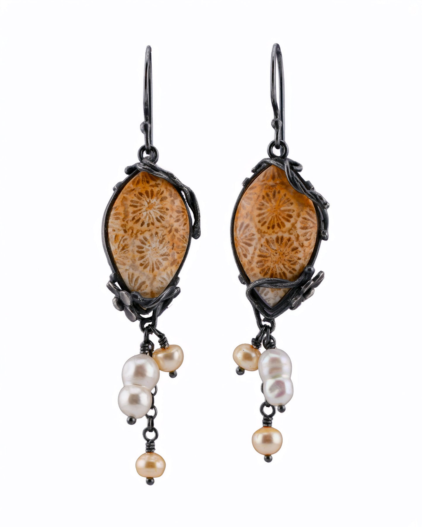 Fleur Earrings: Golden Fossilized Coral & Baroque Pearls