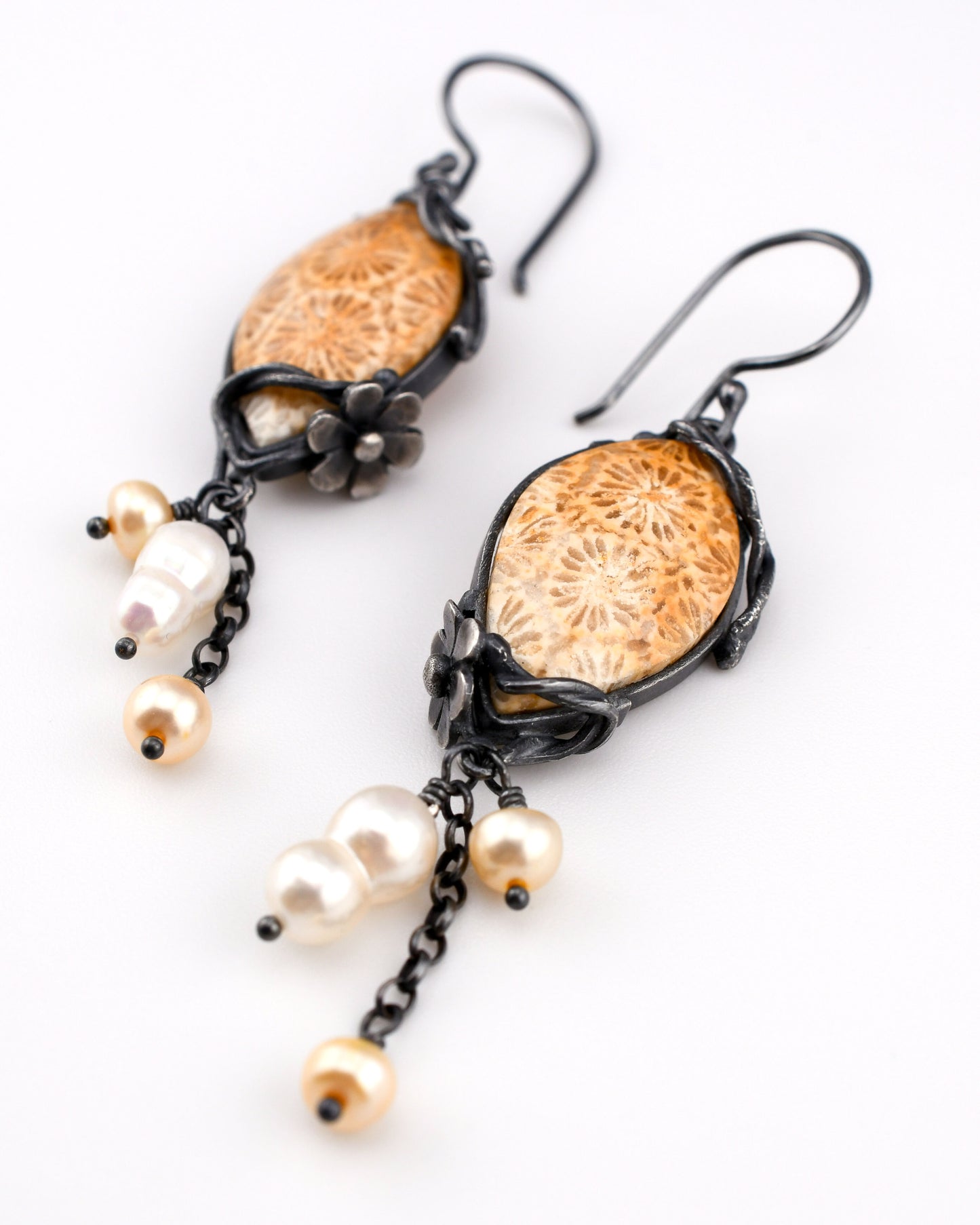 Fleur Earrings: Golden Fossilized Coral & Baroque Pearls