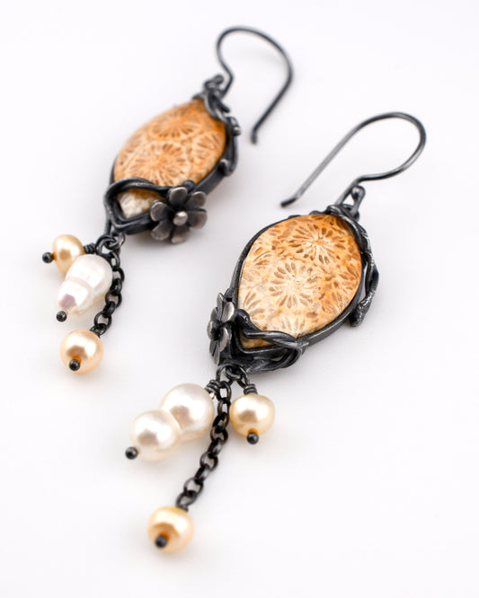 Fleur Earrings: Golden Fossilized Coral & Baroque Pearls