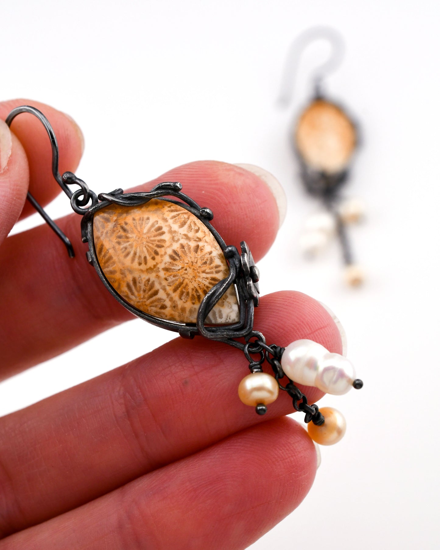 Fleur Earrings: Golden Fossilized Coral & Baroque Pearls