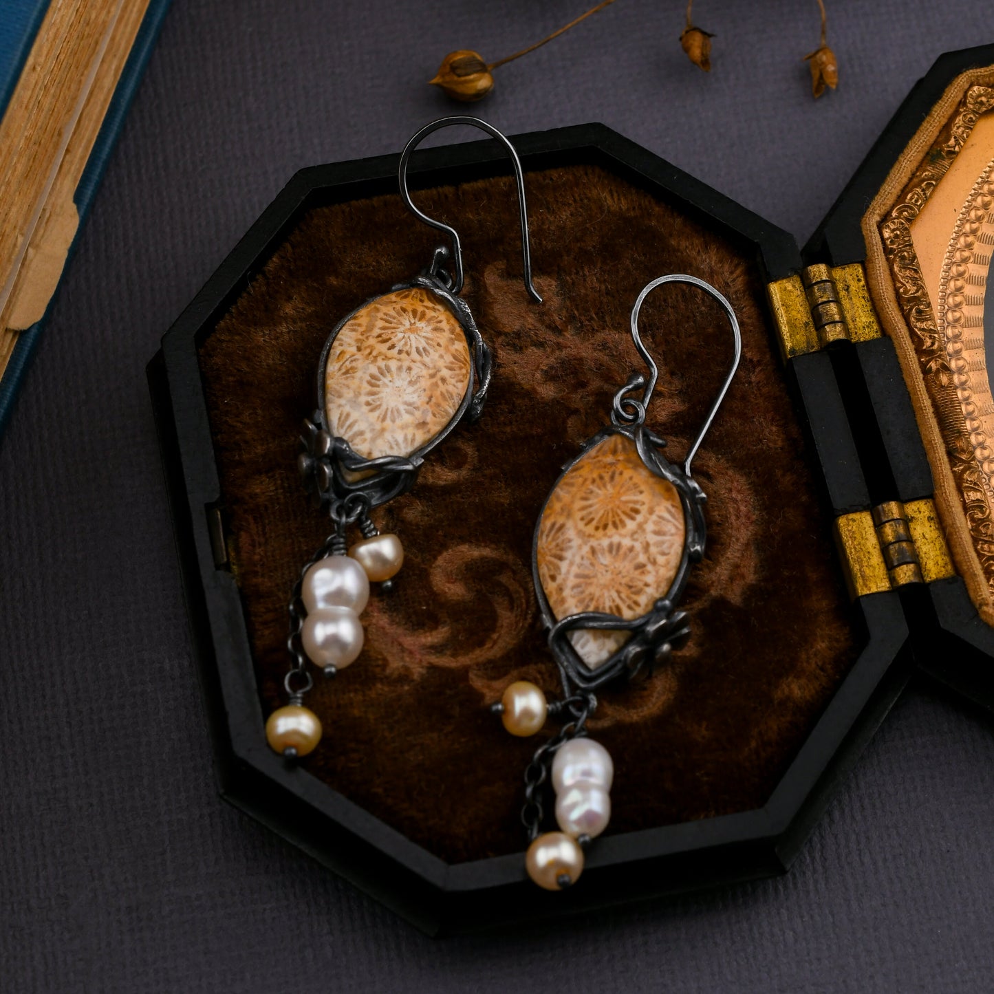 Fleur Earrings: Golden Fossilized Coral & Baroque Pearls