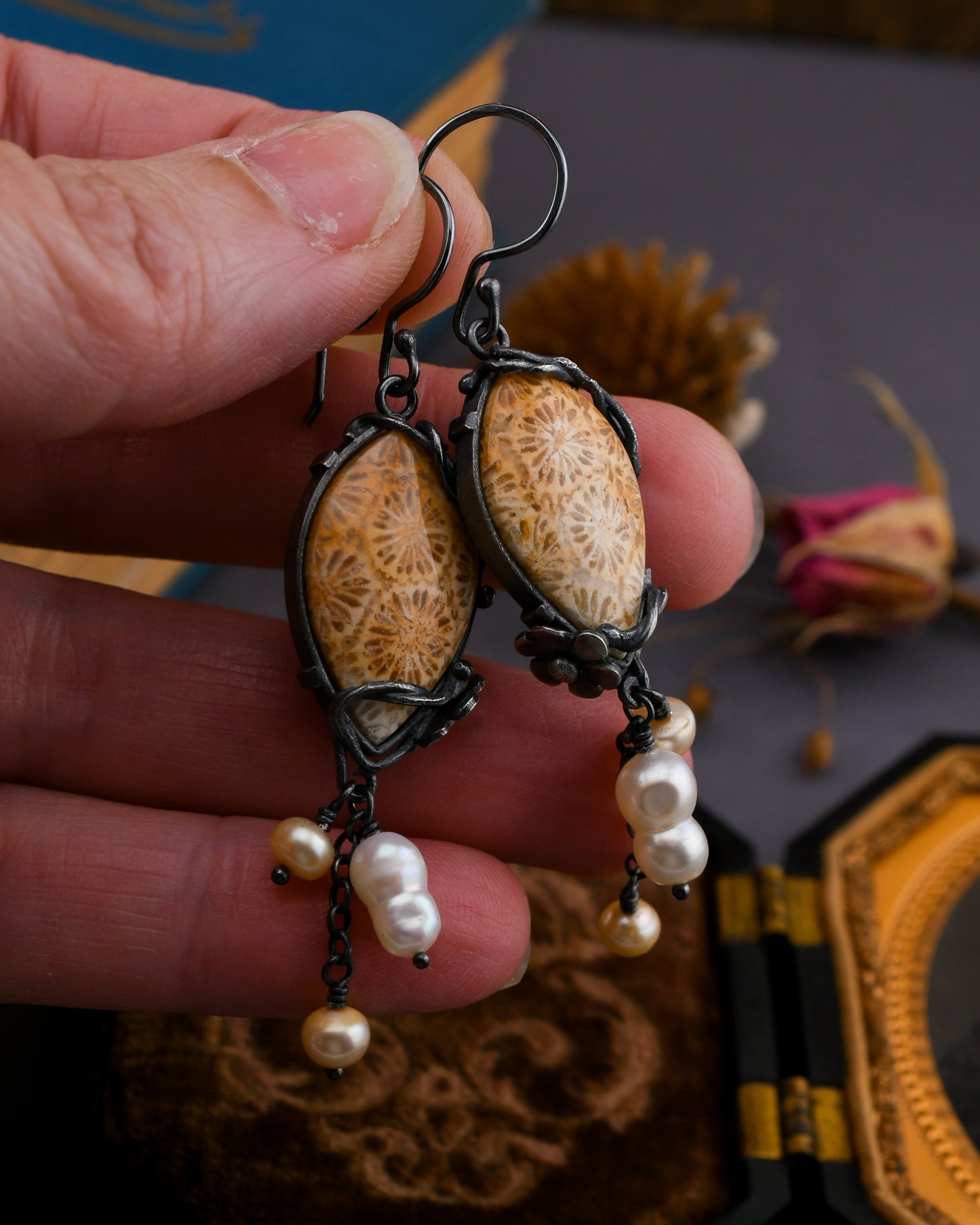 Fleur Earrings: Golden Fossilized Coral & Baroque Pearls