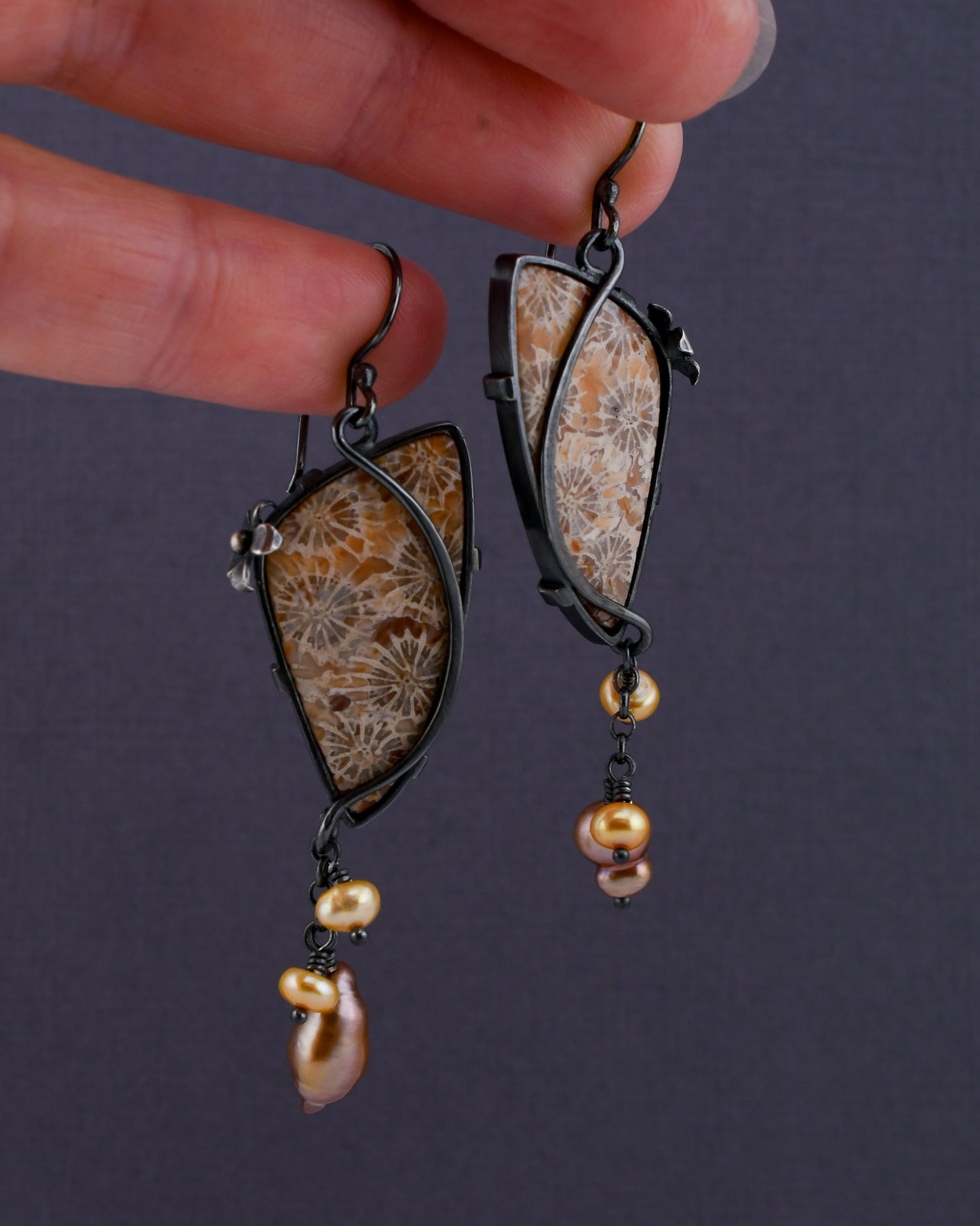 Fleur Earrings: Lavender Fossilized Coral & Baroque Pearls