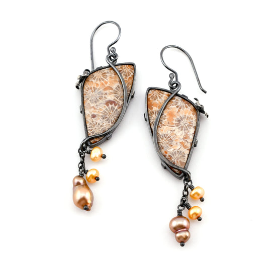 Fleur Earrings: Lavender Fossilized Coral & Baroque Pearls