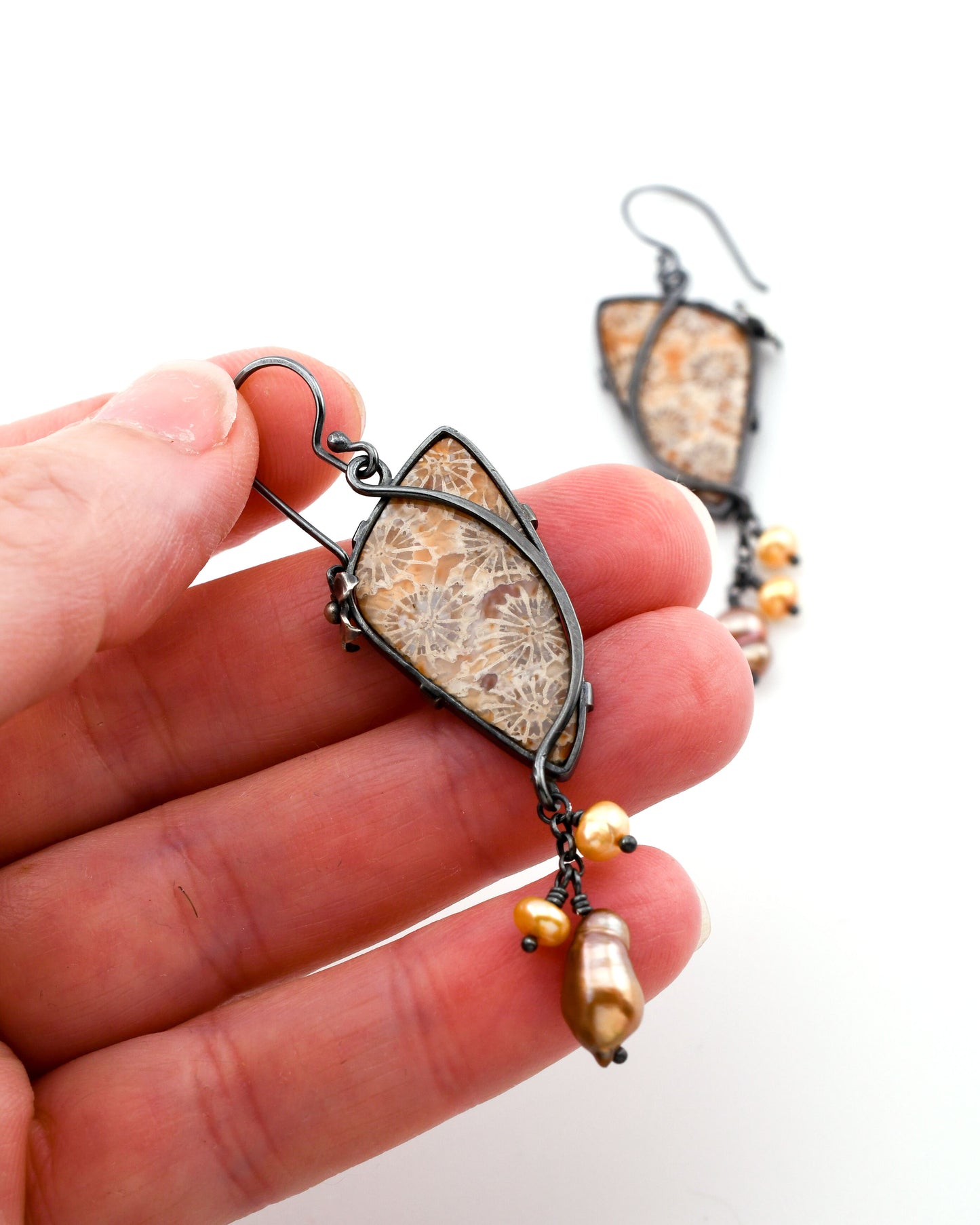 Fleur Earrings: Lavender Fossilized Coral & Baroque Pearls