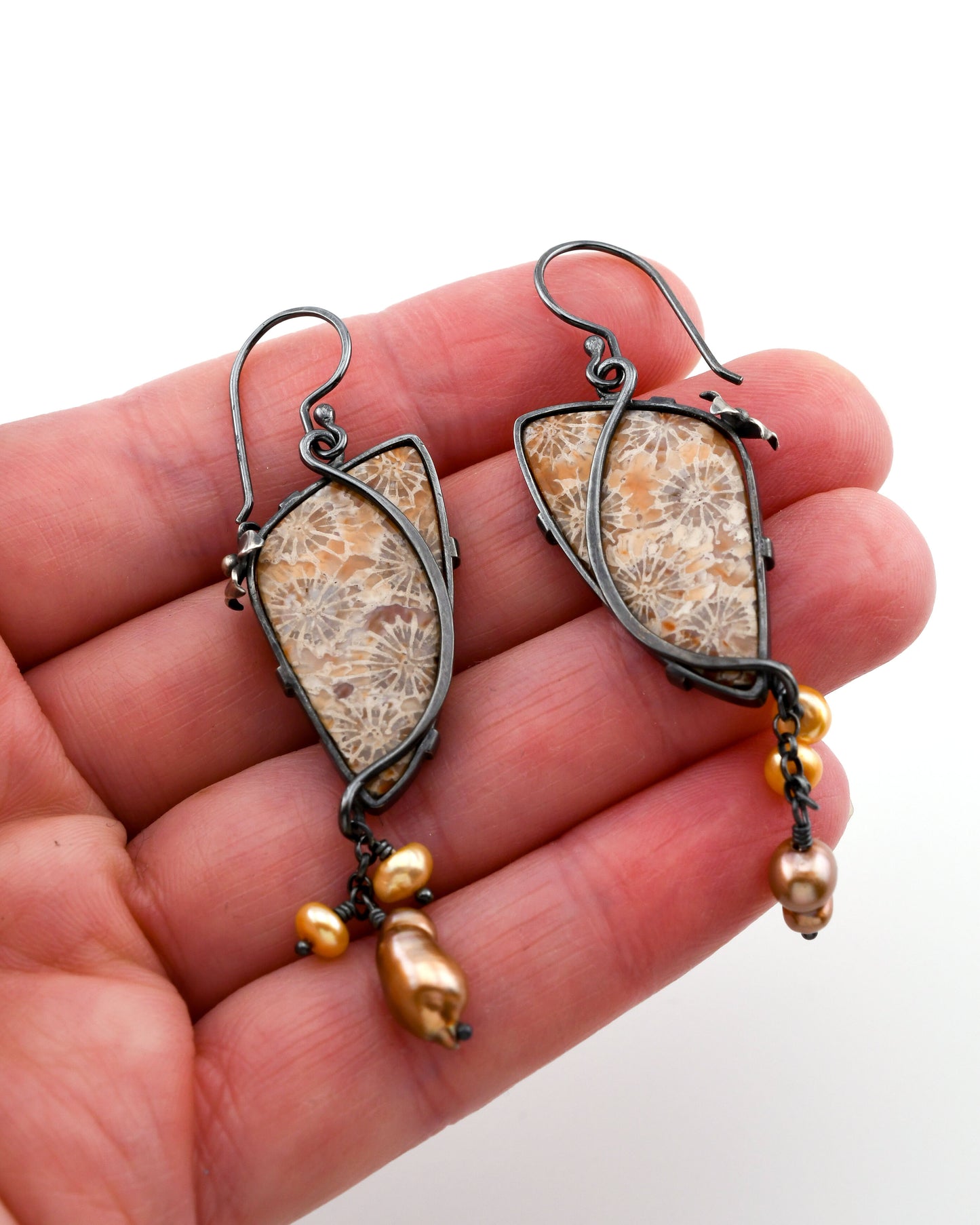 Fleur Earrings: Lavender Fossilized Coral & Baroque Pearls